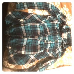 Blue flannel tunic with cinched waist & buttons